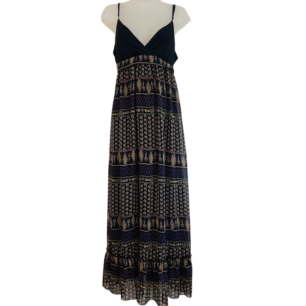 Floral Bohemian Babydoll Maxi Dress Sz L  Sheer Lined Strappy Dark Ruffle